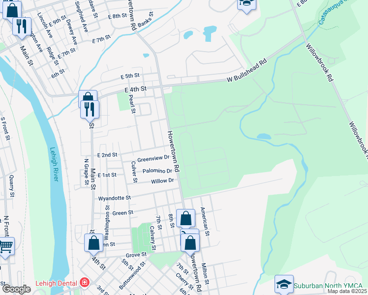 map of restaurants, bars, coffee shops, grocery stores, and more near 1341 Woodmont Lane in Catasauqua