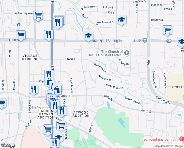 map of restaurants, bars, coffee shops, grocery stores, and more near 4707 South Meadowview Road in Murray