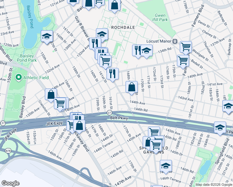 map of restaurants, bars, coffee shops, grocery stores, and more near 140-12 Latham Lane in Queens