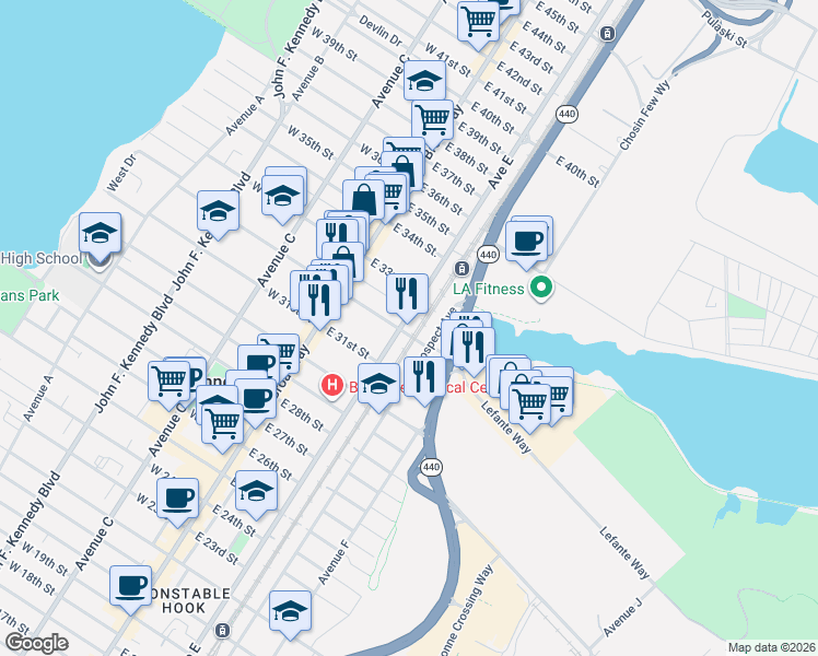 map of restaurants, bars, coffee shops, grocery stores, and more near 44 East 32nd Street in Bayonne