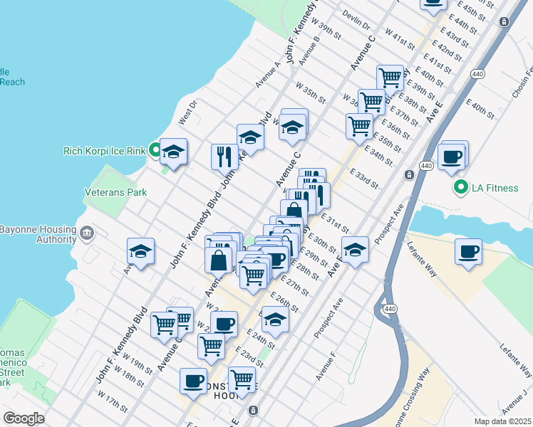 map of restaurants, bars, coffee shops, grocery stores, and more near 650 Avenue C in Bayonne