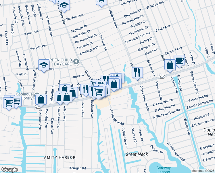 map of restaurants, bars, coffee shops, grocery stores, and more near 60 Cedar Court in Copiague