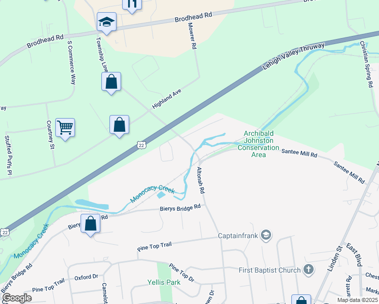 map of restaurants, bars, coffee shops, grocery stores, and more near 3677 Township Line Road in Bethlehem