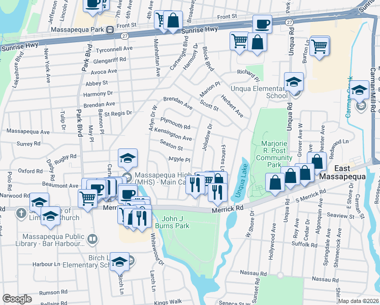 map of restaurants, bars, coffee shops, grocery stores, and more near 56 Arlyn Drive East in Massapequa