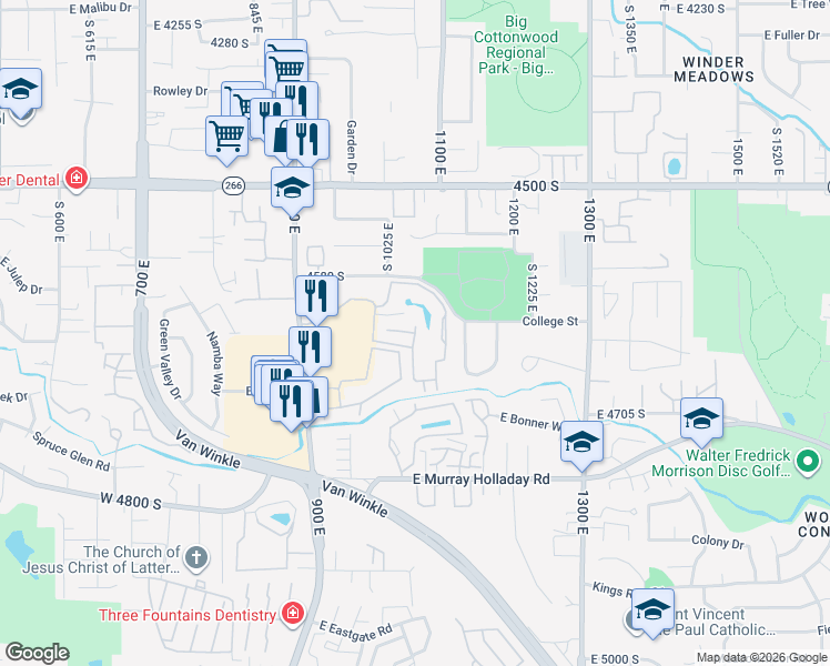 map of restaurants, bars, coffee shops, grocery stores, and more near 4614 South Quail Vista Cove in Millcreek