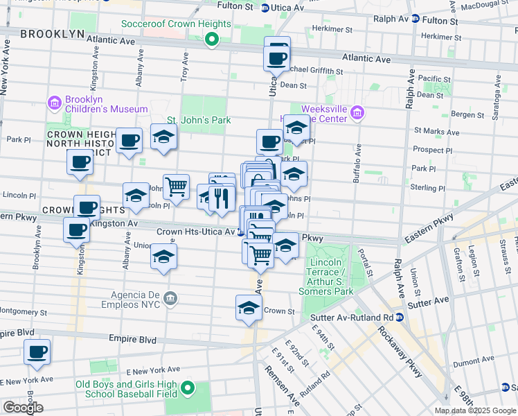 map of restaurants, bars, coffee shops, grocery stores, and more near 1117 Eastern Parkway in Brooklyn