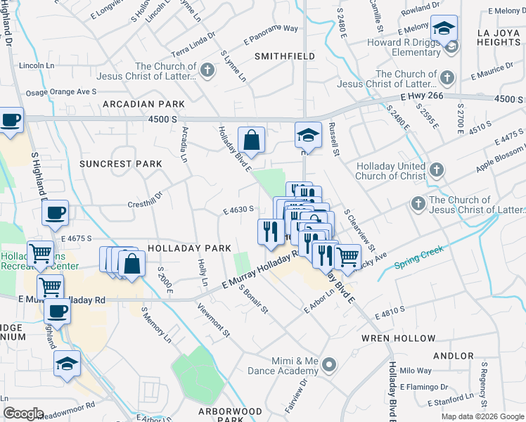map of restaurants, bars, coffee shops, grocery stores, and more near 2241 Laney Avenue in Holladay