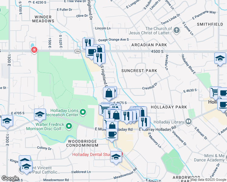 map of restaurants, bars, coffee shops, grocery stores, and more near in Millcreek