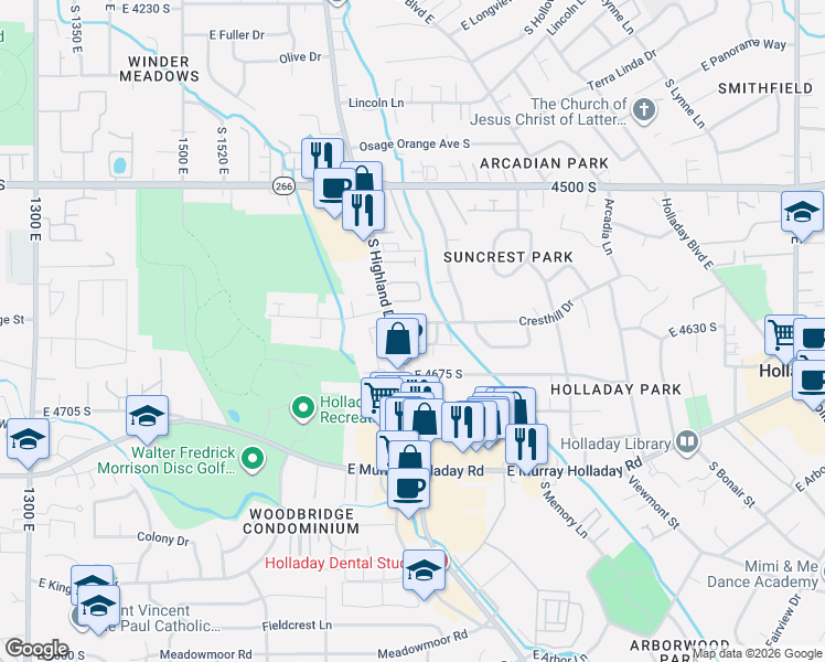 map of restaurants, bars, coffee shops, grocery stores, and more near in Millcreek