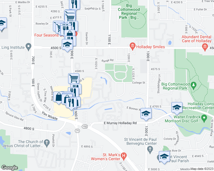 map of restaurants, bars, coffee shops, grocery stores, and more near 1059 Quail Vista Lane in Millcreek