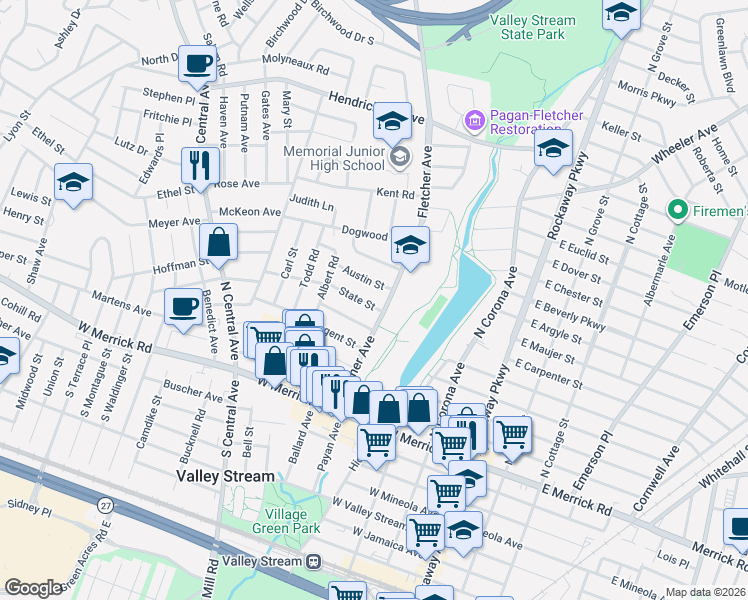 map of restaurants, bars, coffee shops, grocery stores, and more near 17 Teneyck Avenue in Valley Stream