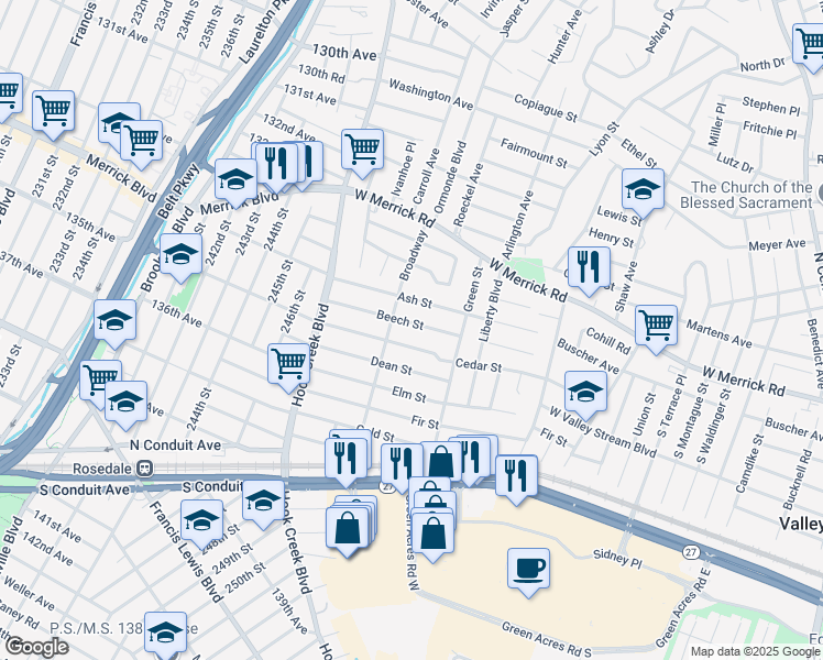 map of restaurants, bars, coffee shops, grocery stores, and more near 140 Cedar Street in Valley Stream