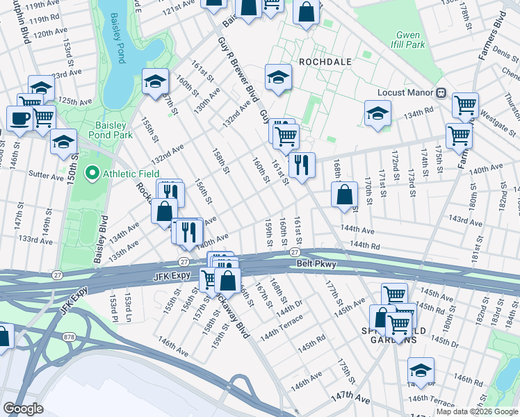map of restaurants, bars, coffee shops, grocery stores, and more near 137-26 158th Street in Queens