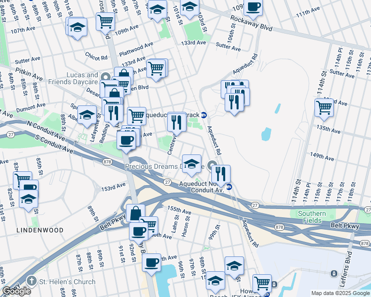 map of restaurants, bars, coffee shops, grocery stores, and more near 149-55 Tahoe Street in Queens
