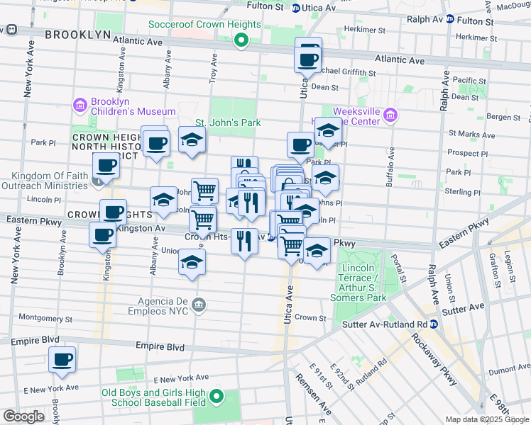 map of restaurants, bars, coffee shops, grocery stores, and more near 1051 Eastern Parkway in Brooklyn