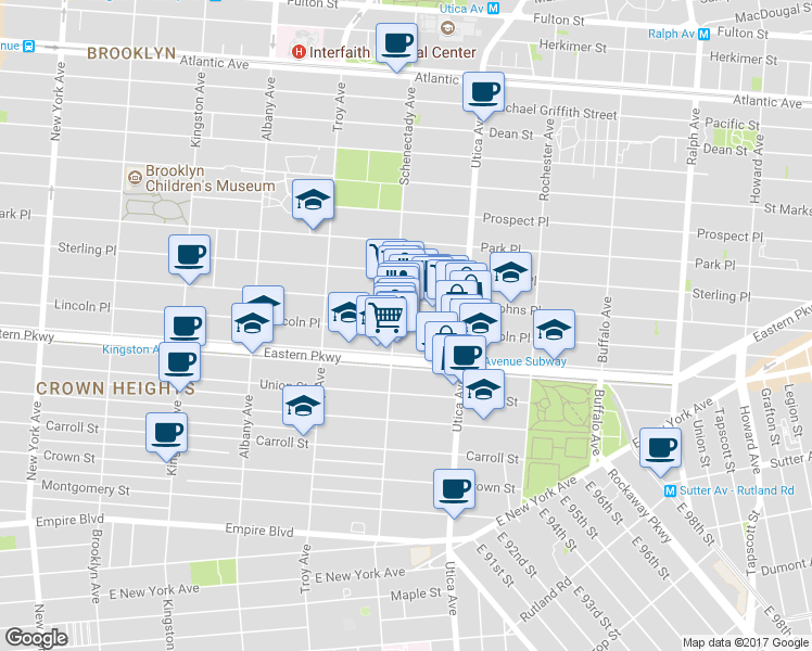 map of restaurants, bars, coffee shops, grocery stores, and more near 1051 Eastern Parkway in Brooklyn