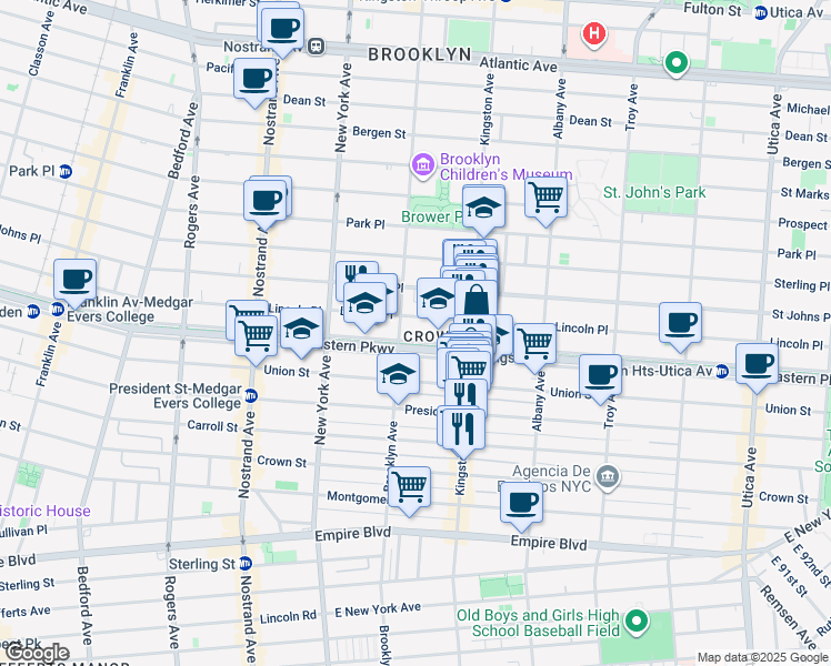 map of restaurants, bars, coffee shops, grocery stores, and more near 733 Eastern Parkway in Brooklyn