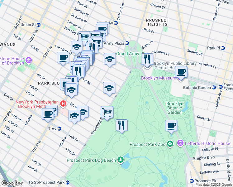 map of restaurants, bars, coffee shops, grocery stores, and more near 45 Prospect Park West in Brooklyn