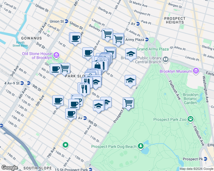 map of restaurants, bars, coffee shops, grocery stores, and more near 558 3rd Street in Brooklyn