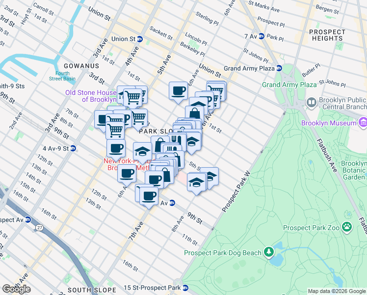 map of restaurants, bars, coffee shops, grocery stores, and more near 474 5th Street in Brooklyn
