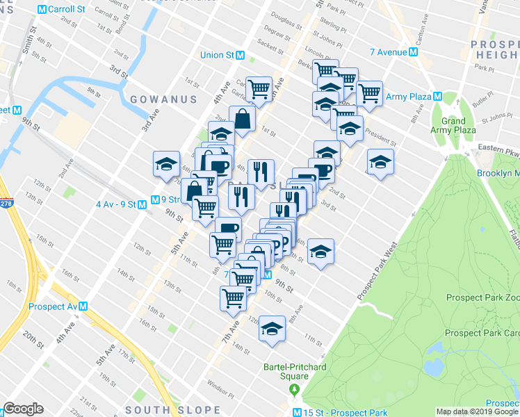 map of restaurants, bars, coffee shops, grocery stores, and more near 425 6th Street in Brooklyn