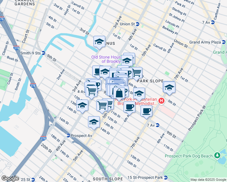 map of restaurants, bars, coffee shops, grocery stores, and more near 410 5th Avenue in Brooklyn