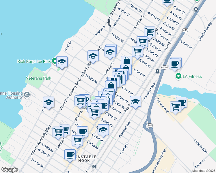 map of restaurants, bars, coffee shops, grocery stores, and more near 24 West 30th Street in Bayonne
