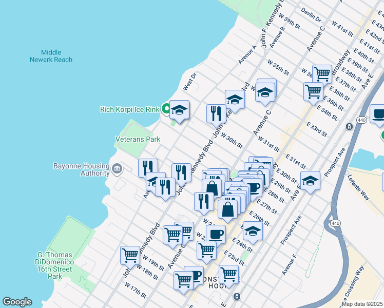map of restaurants, bars, coffee shops, grocery stores, and more near 122 West 27th Street in Bayonne