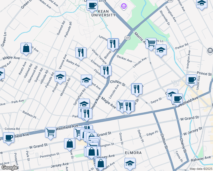 map of restaurants, bars, coffee shops, grocery stores, and more near 422 Elmora Avenue in Elizabeth