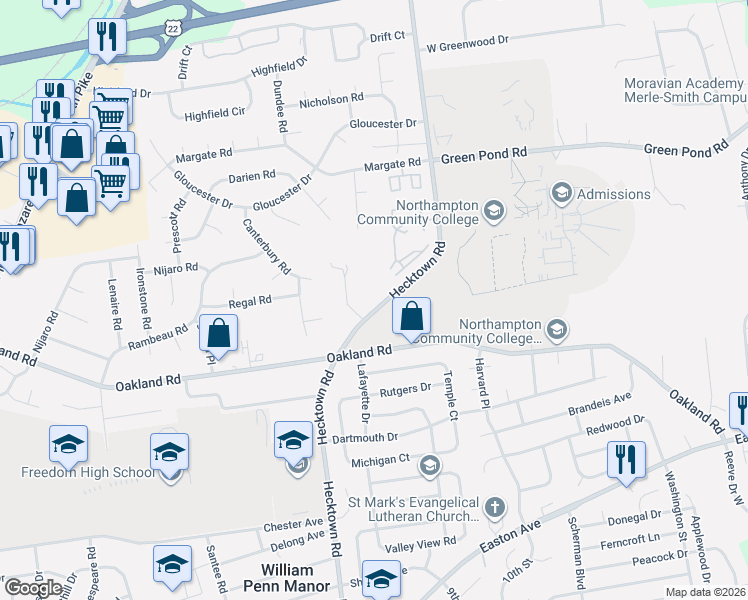 map of restaurants, bars, coffee shops, grocery stores, and more near 3539 Hecktown Road in Bethlehem