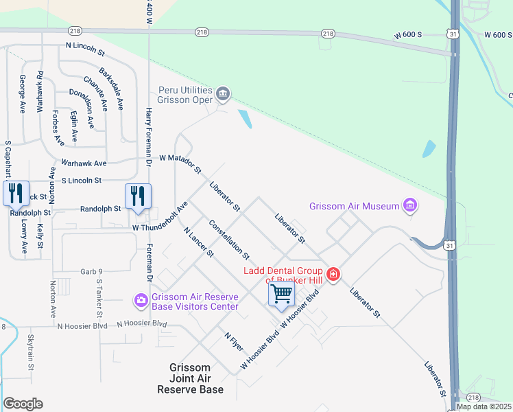 map of restaurants, bars, coffee shops, grocery stores, and more near 1551 Matador Street in Grissom Air Force Base