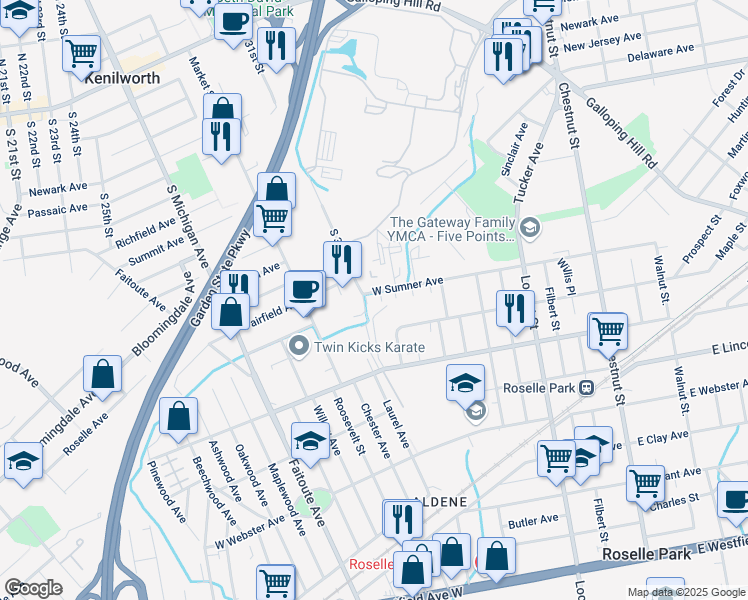 map of restaurants, bars, coffee shops, grocery stores, and more near 250 West Sumner Avenue in Roselle Park