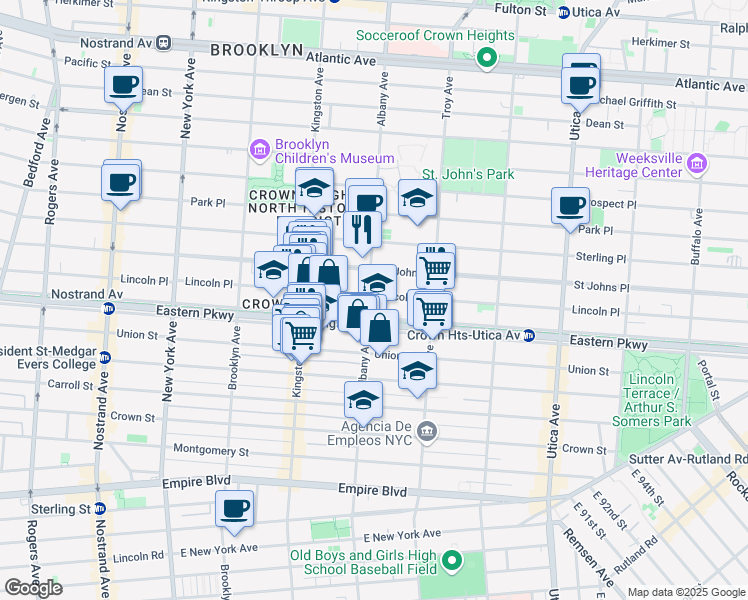map of restaurants, bars, coffee shops, grocery stores, and more near 307 Albany Avenue in Brooklyn