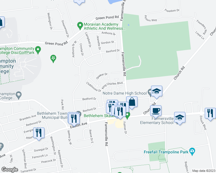 map of restaurants, bars, coffee shops, grocery stores, and more near 104 Founders Court in Bethlehem