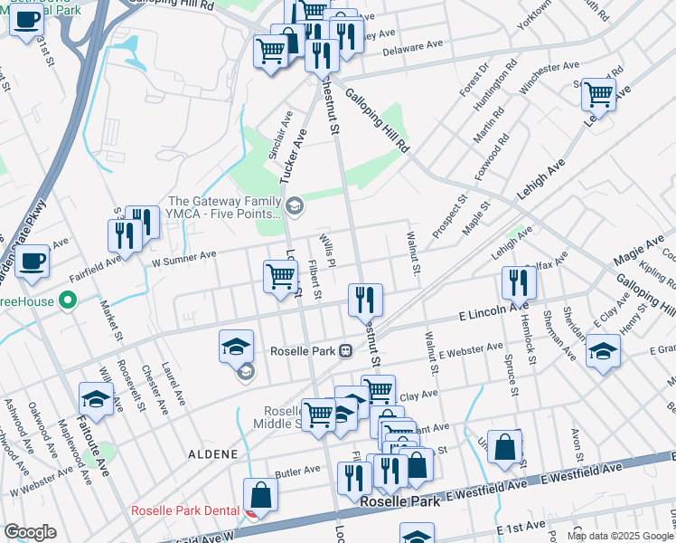 map of restaurants, bars, coffee shops, grocery stores, and more near 22B West Roselle Avenue in Roselle Park