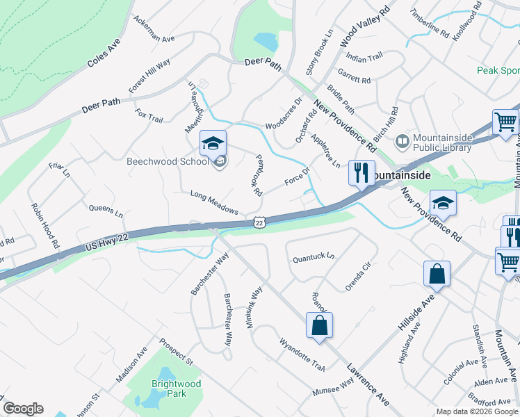 map of restaurants, bars, coffee shops, grocery stores, and more near 1508 U.S. 22 in Mountainside