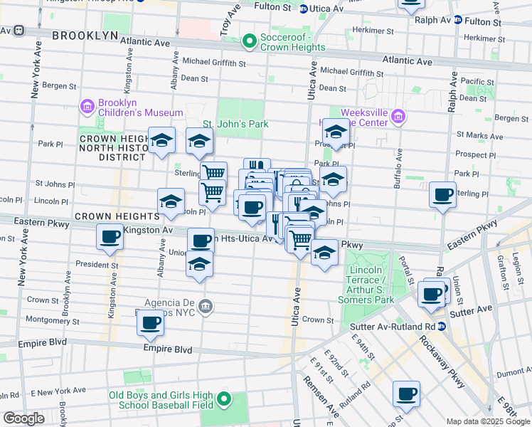 map of restaurants, bars, coffee shops, grocery stores, and more near 1307 Lincoln Place in Brooklyn