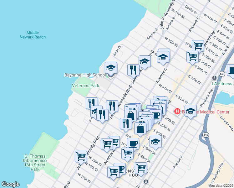 map of restaurants, bars, coffee shops, grocery stores, and more near 122 West 27th Street in Bayonne