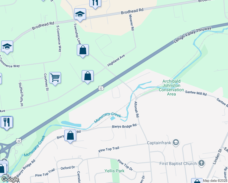map of restaurants, bars, coffee shops, grocery stores, and more near 3672 Cottage Drive in Bethlehem