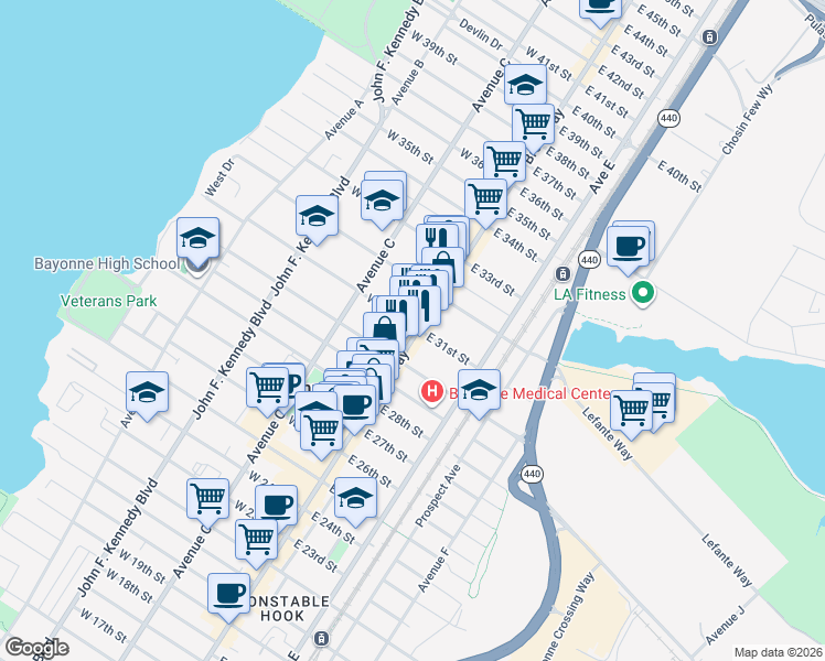 map of restaurants, bars, coffee shops, grocery stores, and more near 667 Broadway in Bayonne