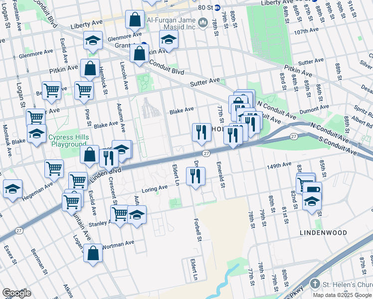 map of restaurants, bars, coffee shops, grocery stores, and more near 4111 Linden Boulevard in Brooklyn