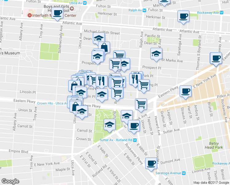 map of restaurants, bars, coffee shops, grocery stores, and more near 1588 Saint Johns Place in Brooklyn