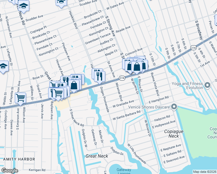 map of restaurants, bars, coffee shops, grocery stores, and more near 147 West Alhambra Avenue in Lindenhurst