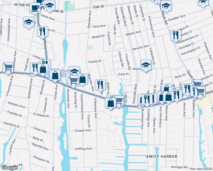 map of restaurants, bars, coffee shops, grocery stores, and more near 30 Bryan Avenue in Amityville