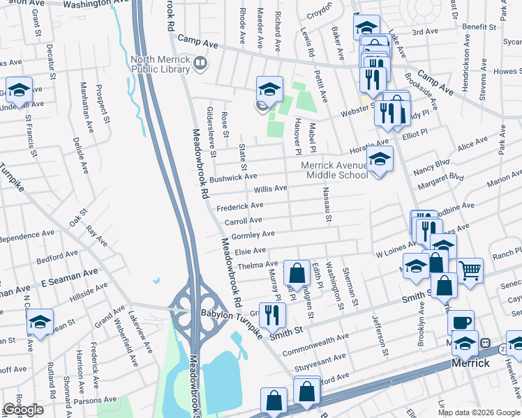 map of restaurants, bars, coffee shops, grocery stores, and more near 1770 Carroll Avenue in Merrick