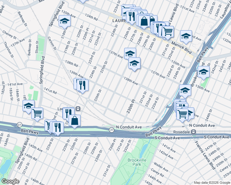 map of restaurants, bars, coffee shops, grocery stores, and more near 139-14 229th Street in Queens