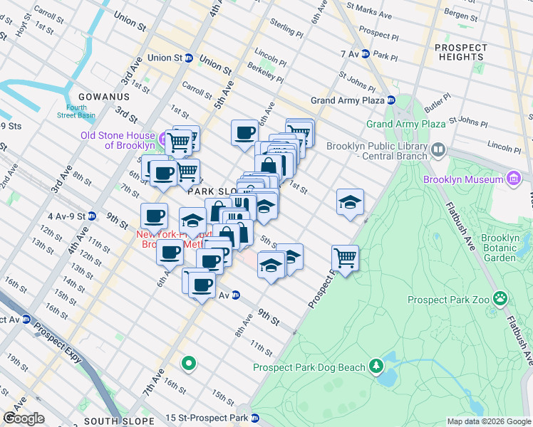 map of restaurants, bars, coffee shops, grocery stores, and more near 237 7th Avenue in Brooklyn