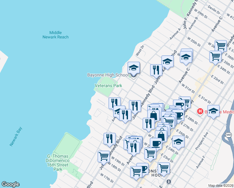 map of restaurants, bars, coffee shops, grocery stores, and more near 169 West 25th Street in Bayonne