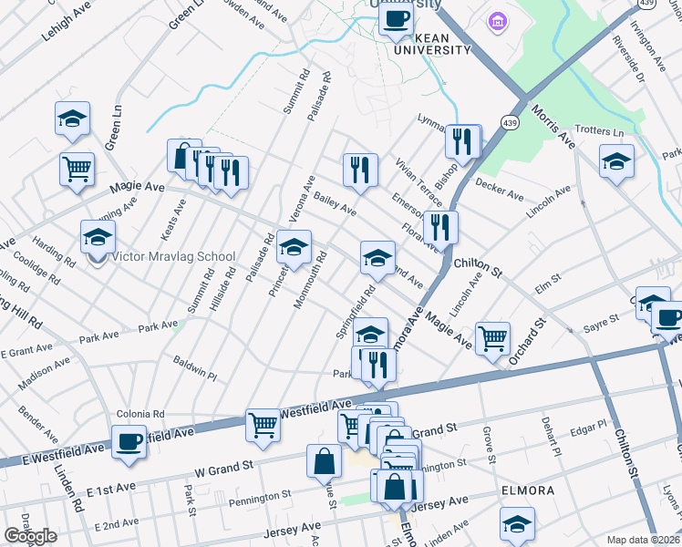 map of restaurants, bars, coffee shops, grocery stores, and more near 731 Wyoming Avenue in Elizabeth