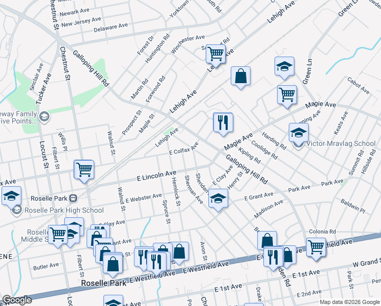 map of restaurants, bars, coffee shops, grocery stores, and more near 607 Sheridan Avenue in Roselle Park